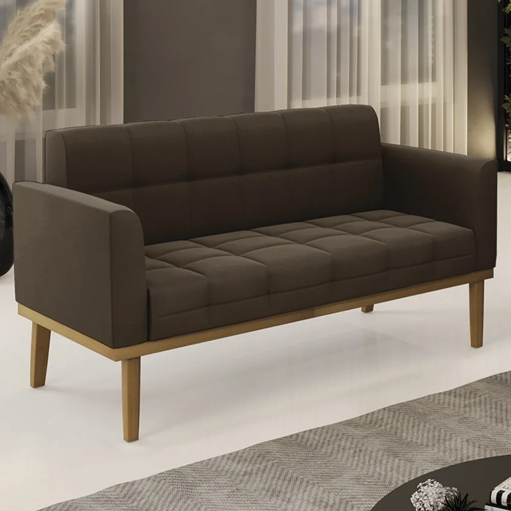 Sofá Namoradeira Base Madeira Castanho Ana Suede Marrom - Ibiza