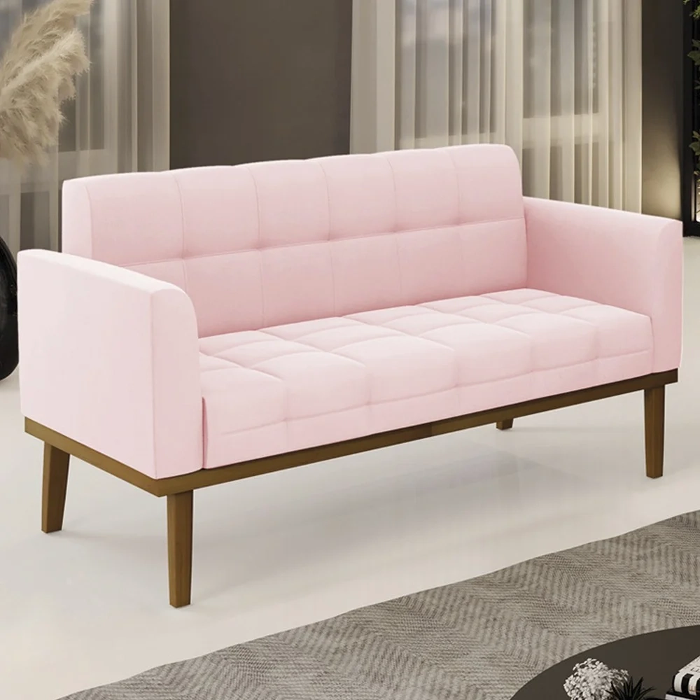 Sofá Namoradeira Base Madeira Castanho Ana Suede Rosa Bebê - Ibiza