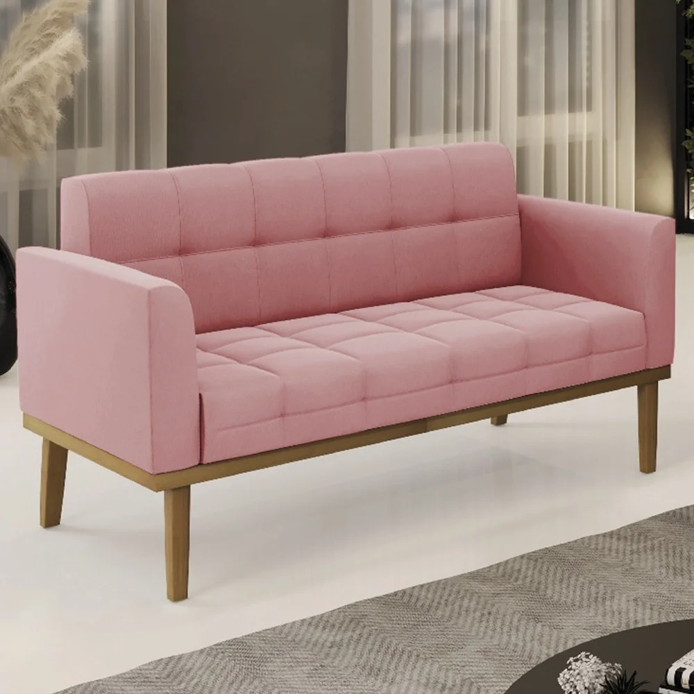 Sofá Namoradeira Base Madeira Castanho Ana Suede Rosê - Ibiza