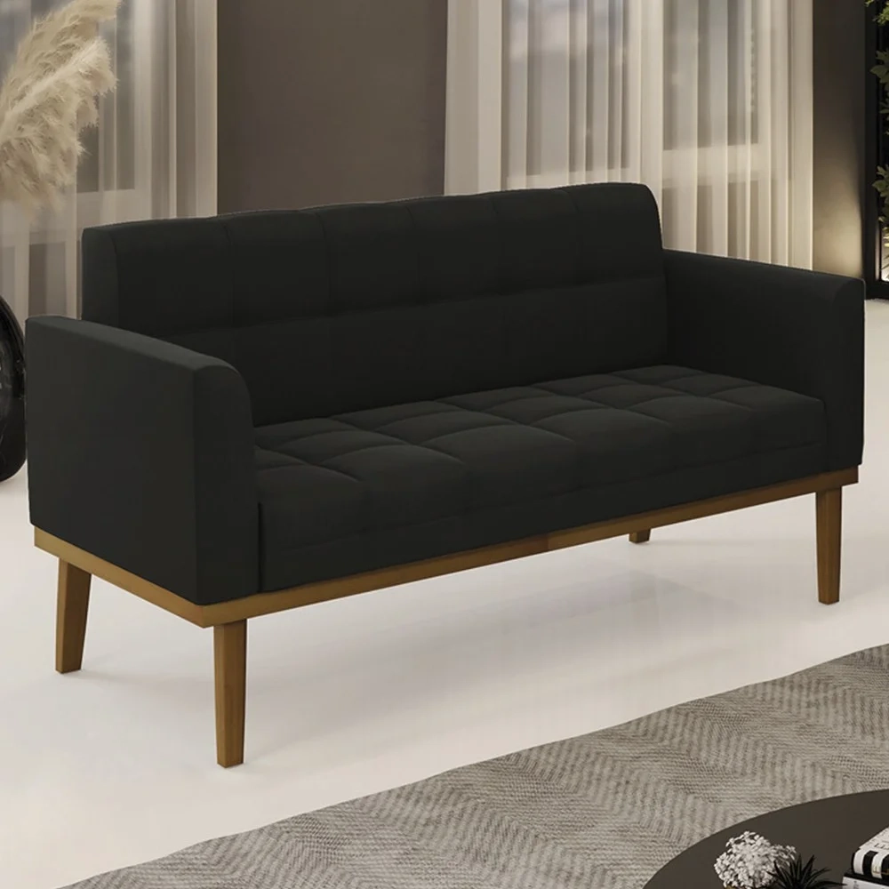 Sofá Namoradeira Base Madeira Castanho Ana Suede Preto - Ibiza