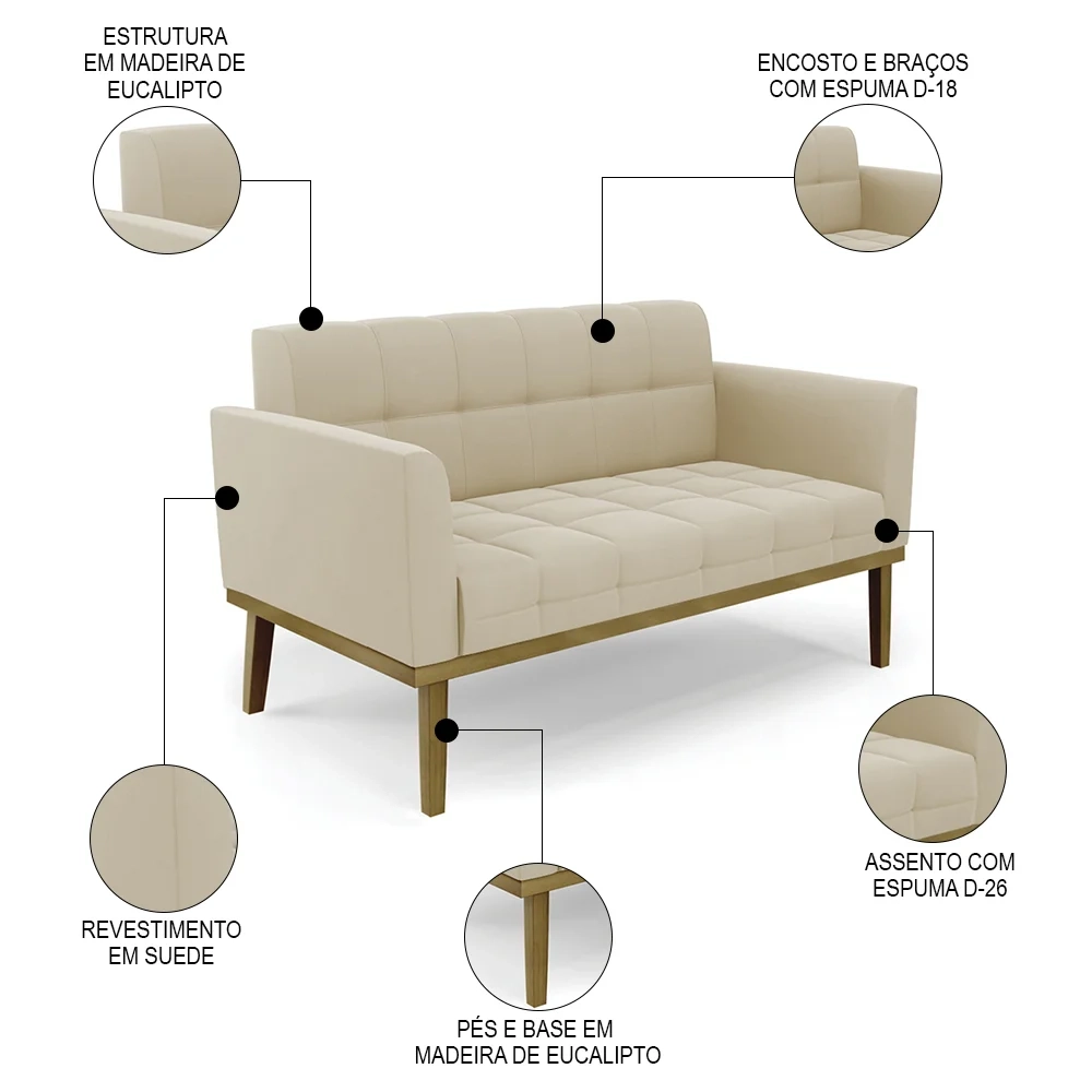 Sofá Namoradeira e 2 Poltronas Base Madeira Castanho Ana Suede Bege - Ibiza