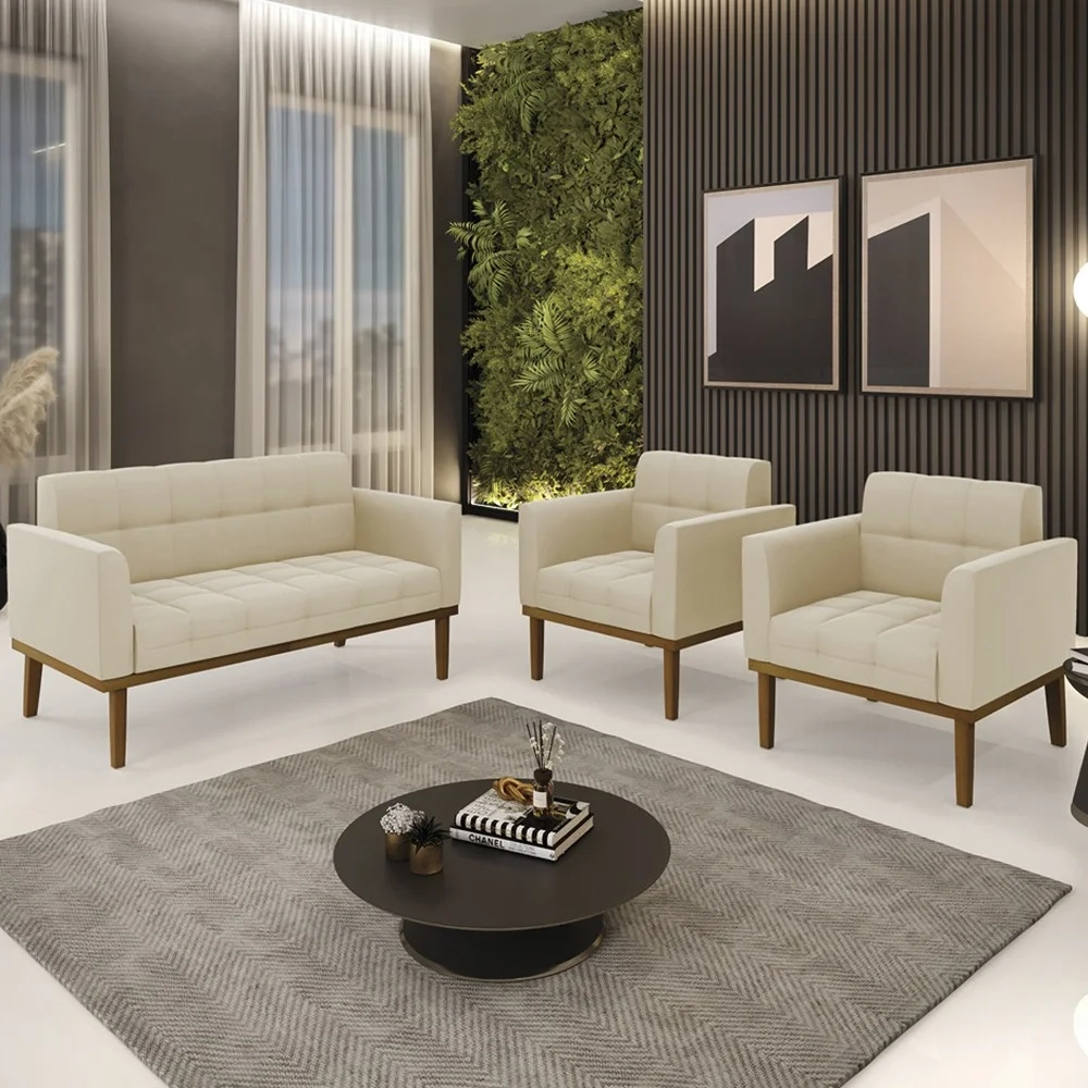 Sofá Namoradeira e 2 Poltronas Base Madeira Castanho Ana Suede Bege - Ibiza