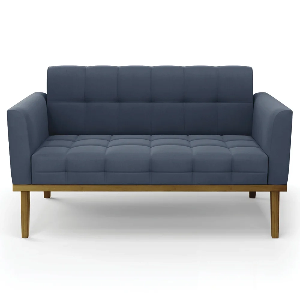 Sofá Namoradeira e 2 Poltronas Base Madeira Castanho Ana Suede Azul Marinho - Ibiza