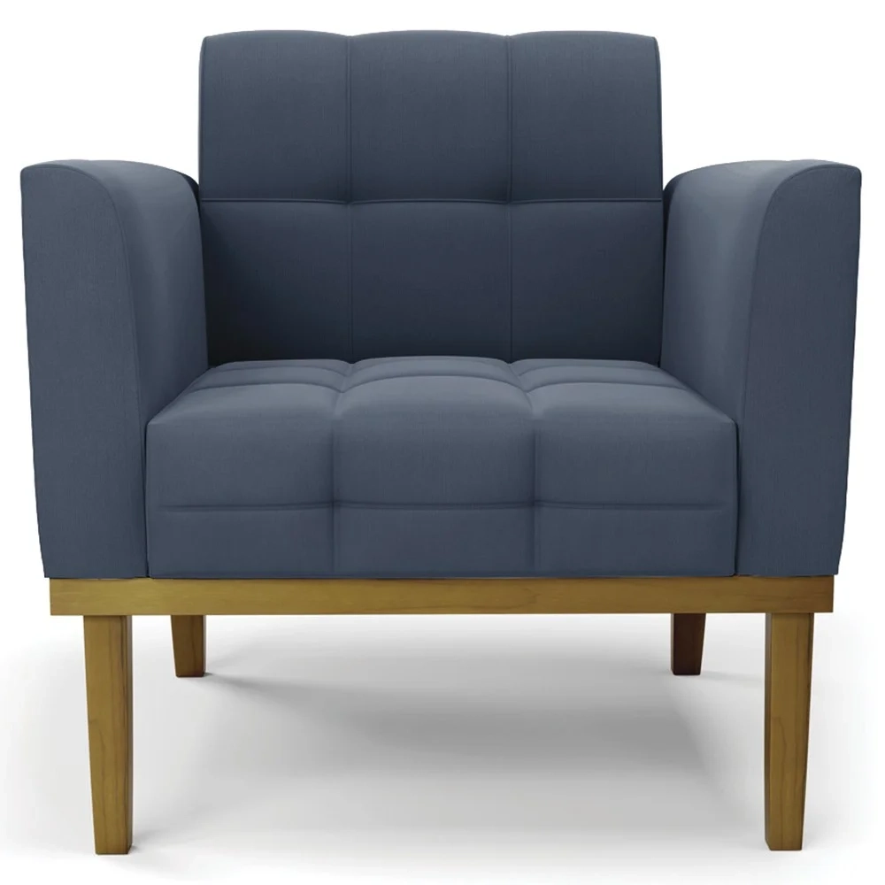 Sofá Namoradeira e 2 Poltronas Base Madeira Castanho Ana Suede Azul Marinho - Ibiza