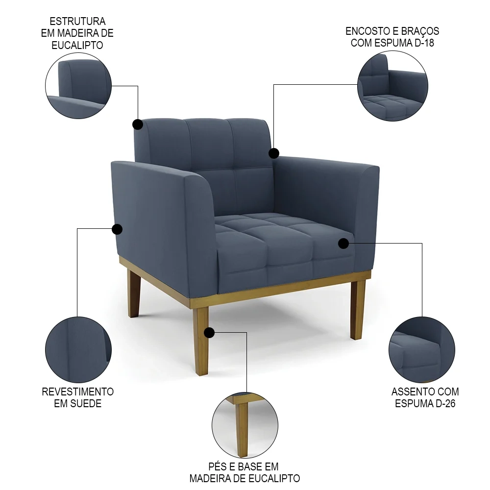 Sofá Namoradeira e 2 Poltronas Base Madeira Castanho Ana Suede Azul Marinho - Ibiza