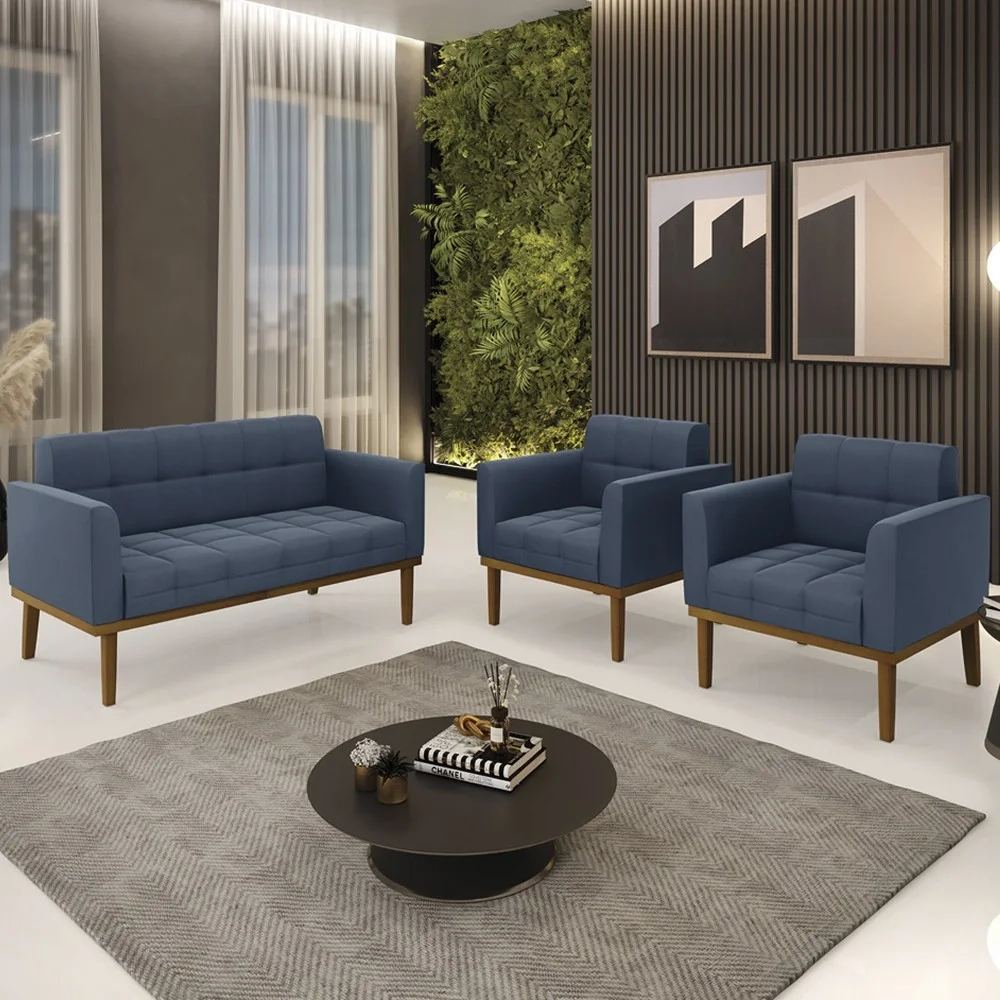 Sofá Namoradeira e 2 Poltronas Base Madeira Castanho Ana Suede Azul Marinho - Ibiza
