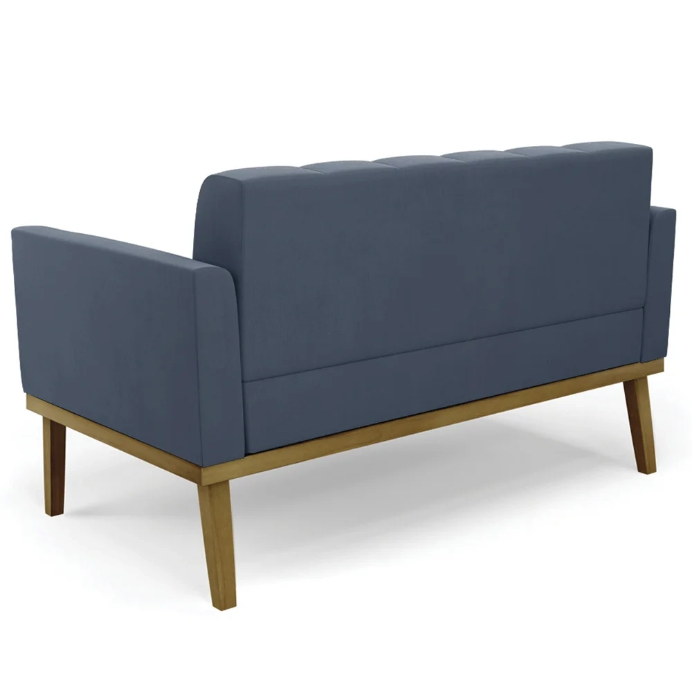 Sofá Namoradeira e 2 Poltronas Base Madeira Castanho Ana Suede Azul Marinho - Ibiza