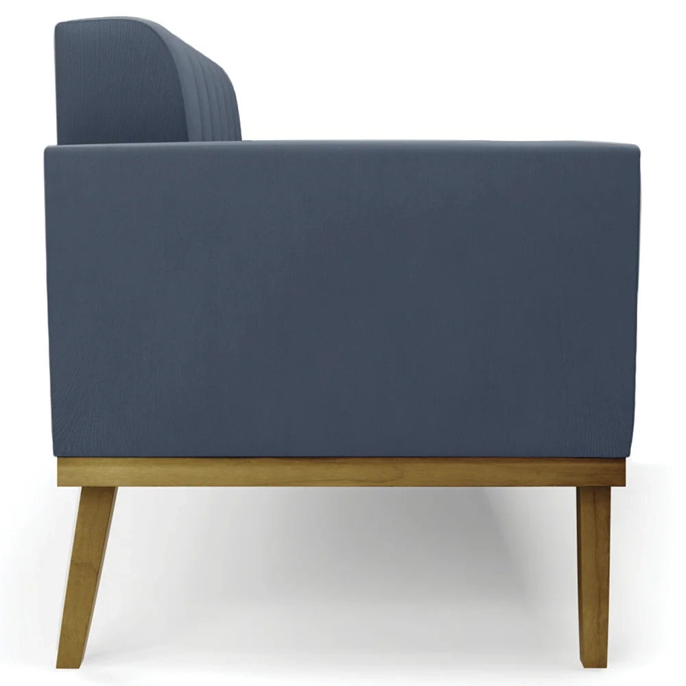 Sofá Namoradeira e 2 Poltronas Base Madeira Castanho Ana Suede Azul Marinho - Ibiza