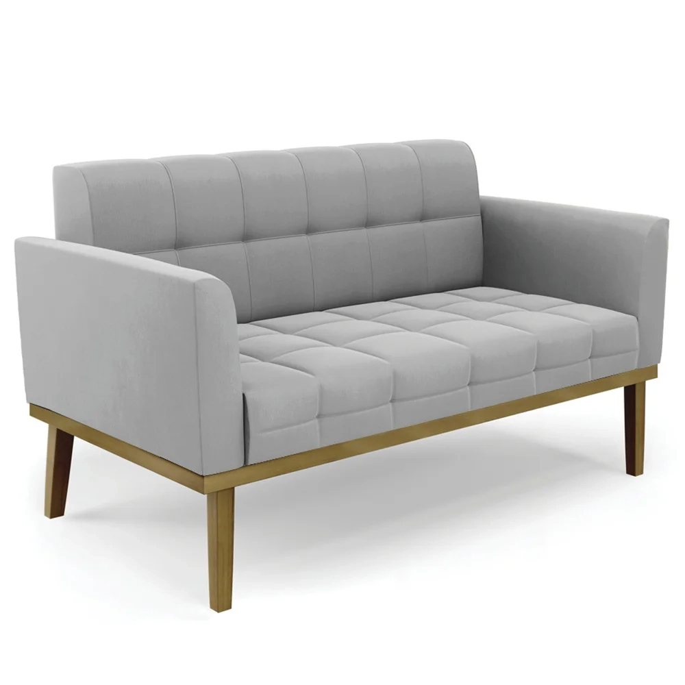 Sofá Namoradeira e 2 Poltronas Base Madeira Castanho Ana Suede Cinza - Ibiza