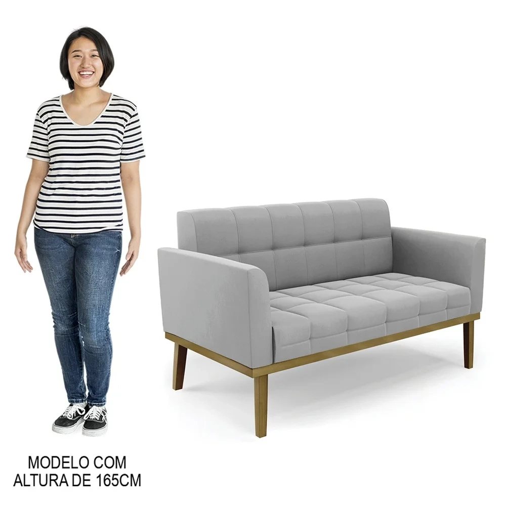 Sofá Namoradeira e 2 Poltronas Base Madeira Castanho Ana Suede Cinza - Ibiza