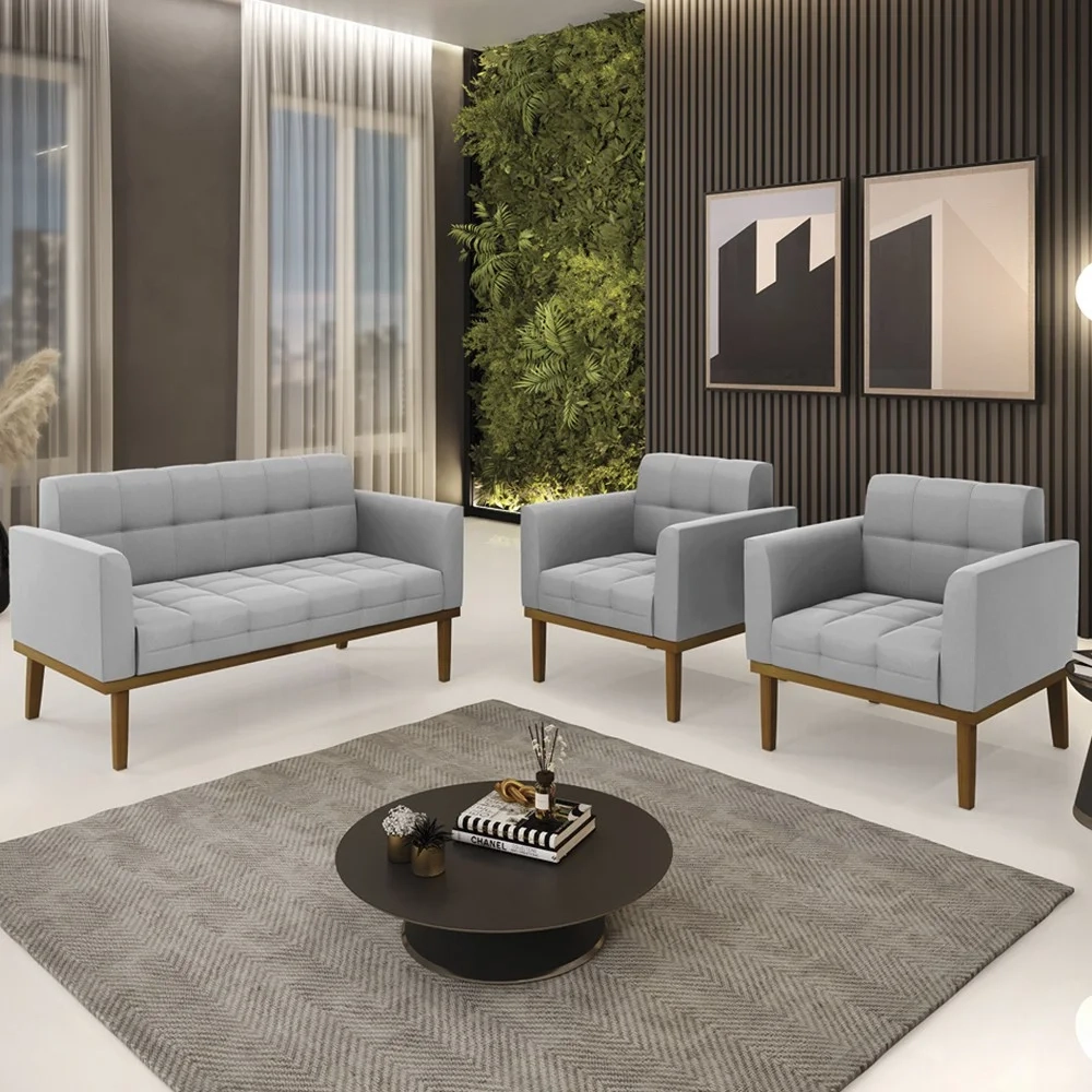 Sofá Namoradeira e 2 Poltronas Base Madeira Castanho Ana Suede Cinza - Ibiza