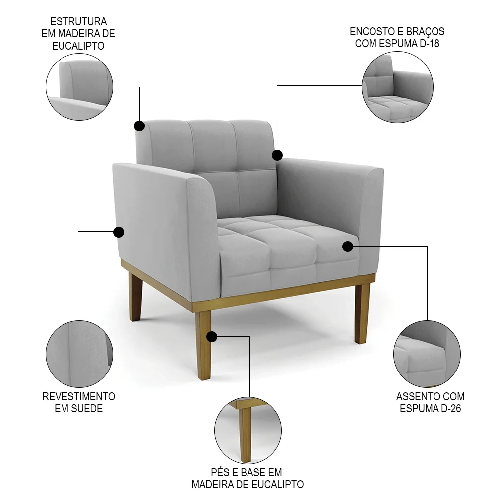 Sofá Namoradeira e 2 Poltronas Base Madeira Castanho Ana Suede Cinza - Ibiza