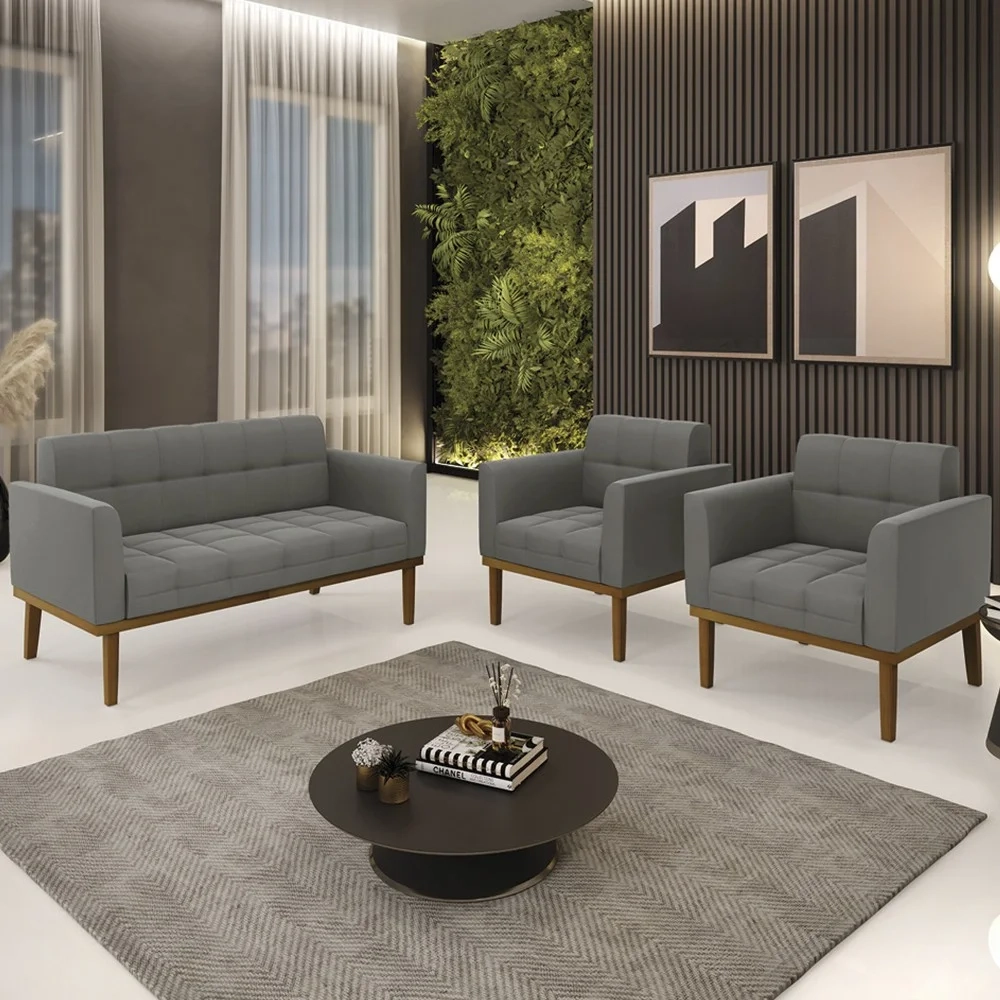 Sofá Namoradeira e 2 Poltronas Base Madeira Castanho Ana Suede Grafite - Ibiza