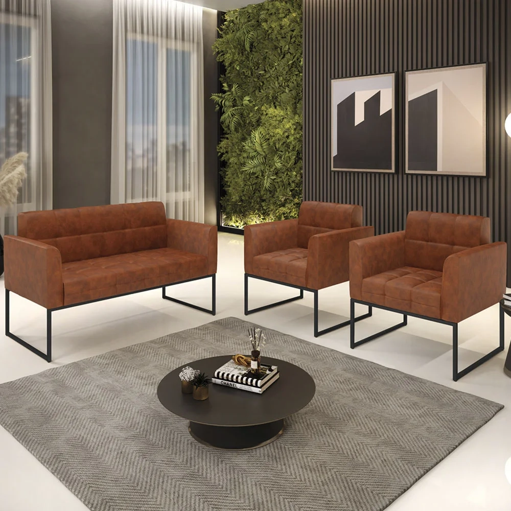 Sofá Namoradeira e 2 Poltronas Base Industrial Preto Ana Sintético PU Nozes - Ibiza