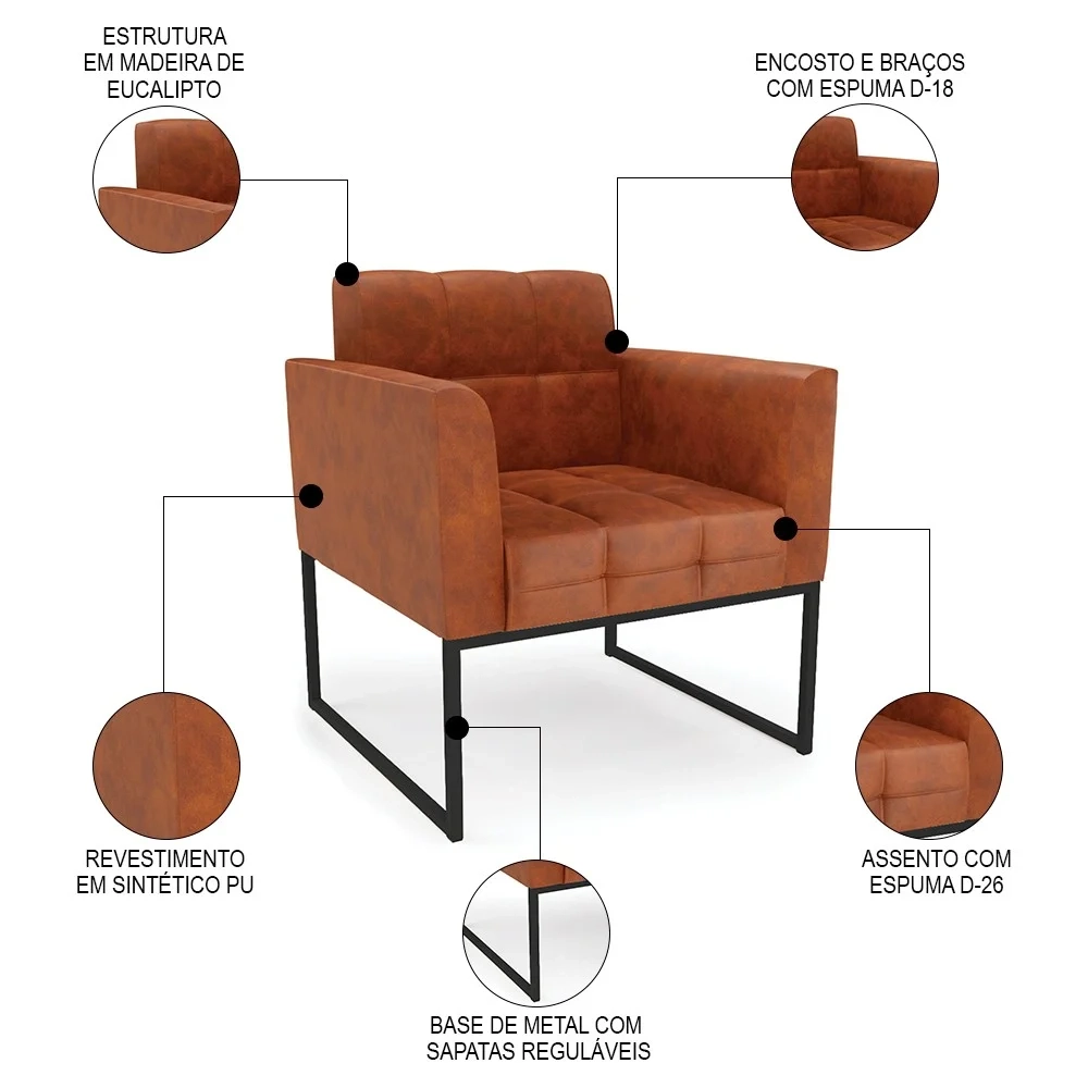 Sofá Namoradeira e 2 Poltronas Base Industrial Preto Ana Sintético PU Nozes - Ibiza