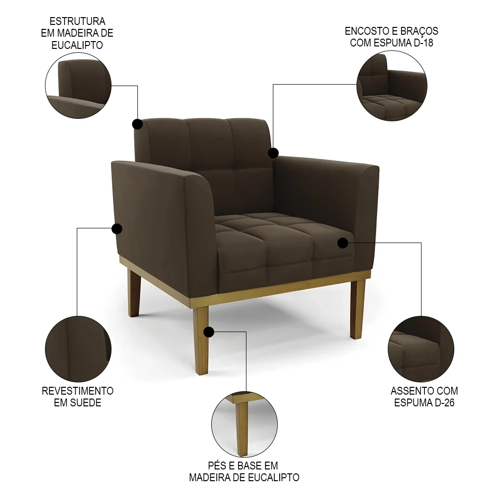 Sofá Namoradeira e 2 Poltronas Base Madeira Castanho Ana Suede Marrom - Ibiza