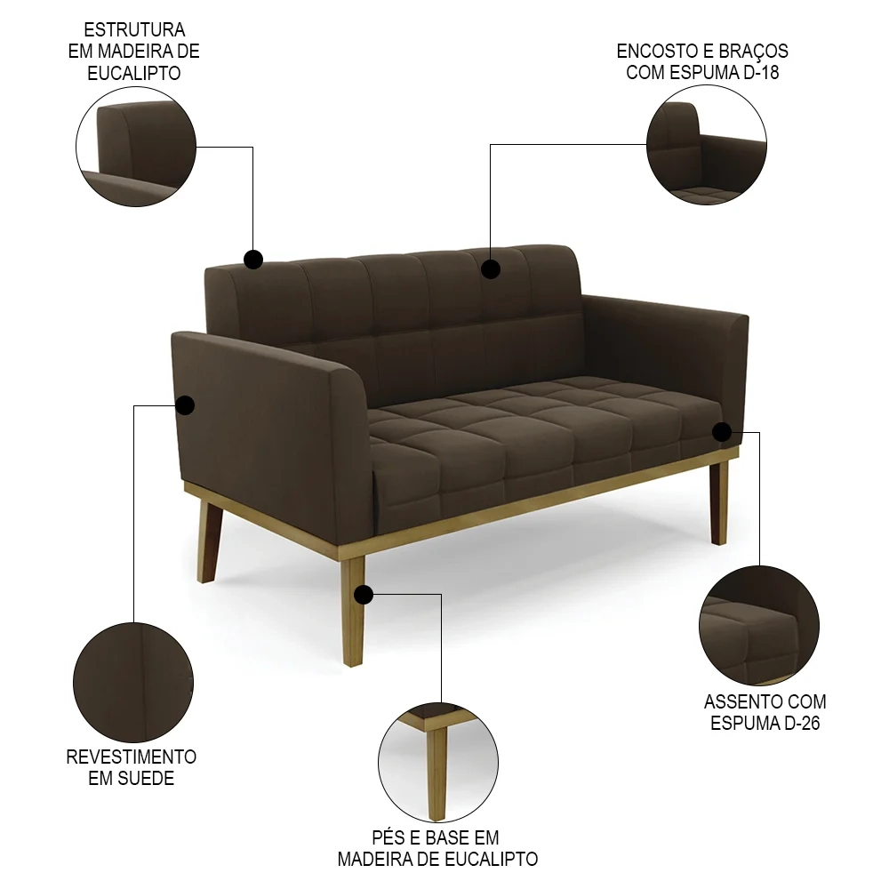 Sofá Namoradeira e 2 Poltronas Base Madeira Castanho Ana Suede Marrom - Ibiza