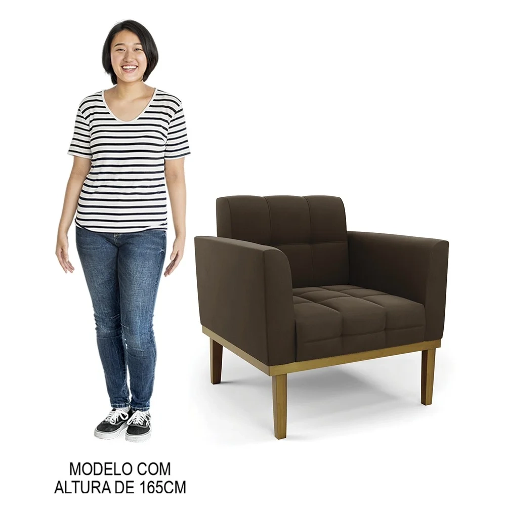 Sofá Namoradeira e 2 Poltronas Base Madeira Castanho Ana Suede Marrom - Ibiza