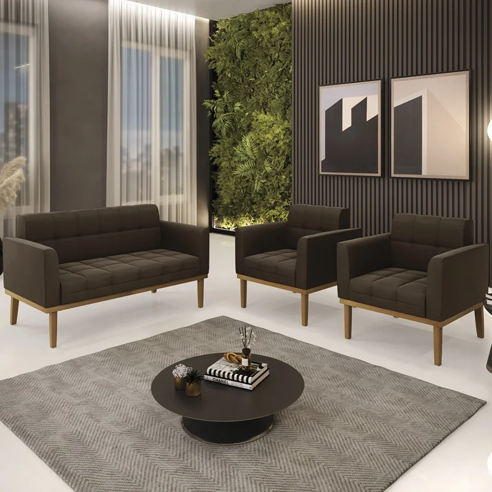 Sofá Namoradeira e 2 Poltronas Base Madeira Castanho Ana Suede Marrom - Ibiza