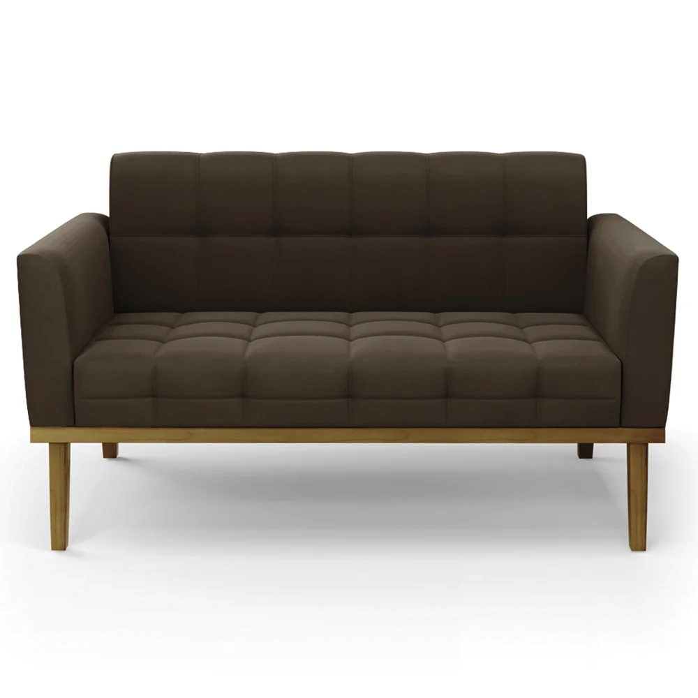 Sofá Namoradeira e 2 Poltronas Base Madeira Castanho Ana Suede Marrom - Ibiza