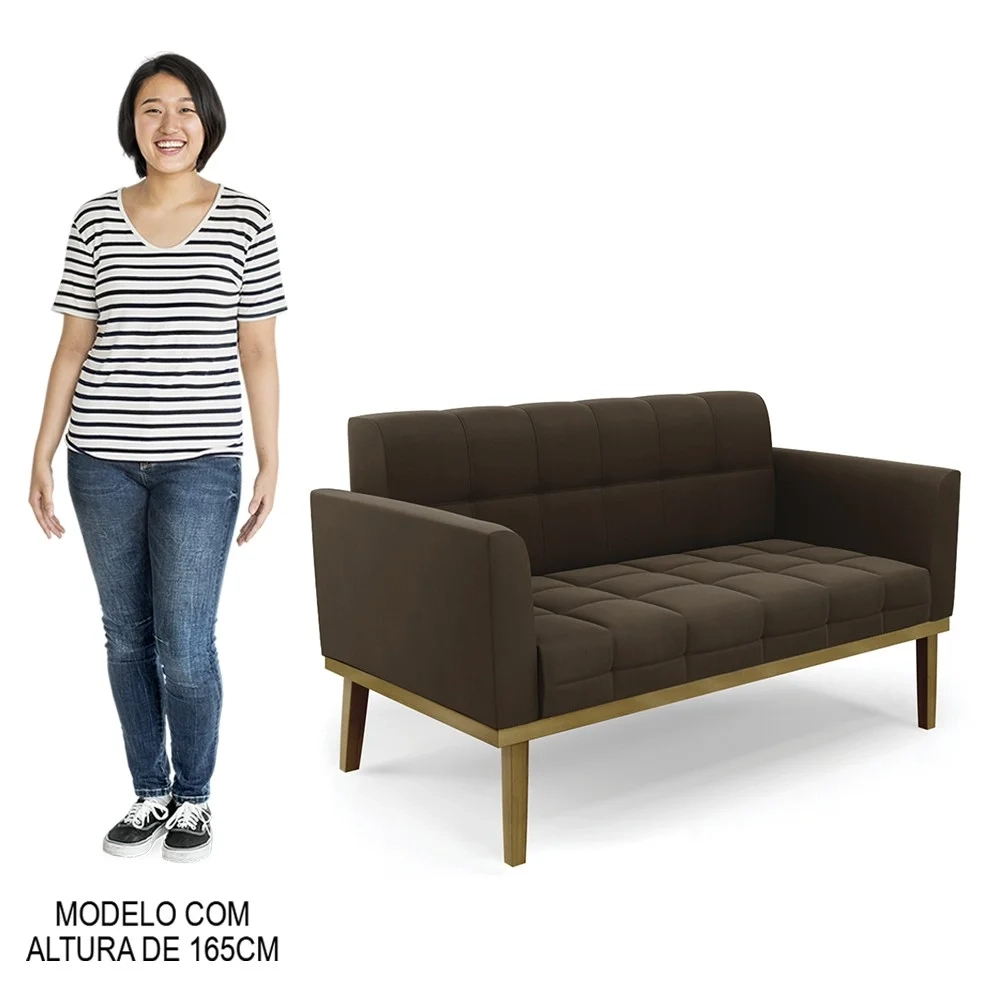 Sofá Namoradeira e 2 Poltronas Base Madeira Castanho Ana Suede Marrom - Ibiza