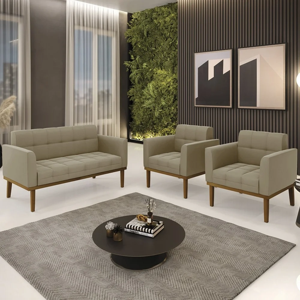 Sofá Namoradeira e 2 Poltronas Base Madeira Castanho Ana Suede Marrom RT - Ibiza