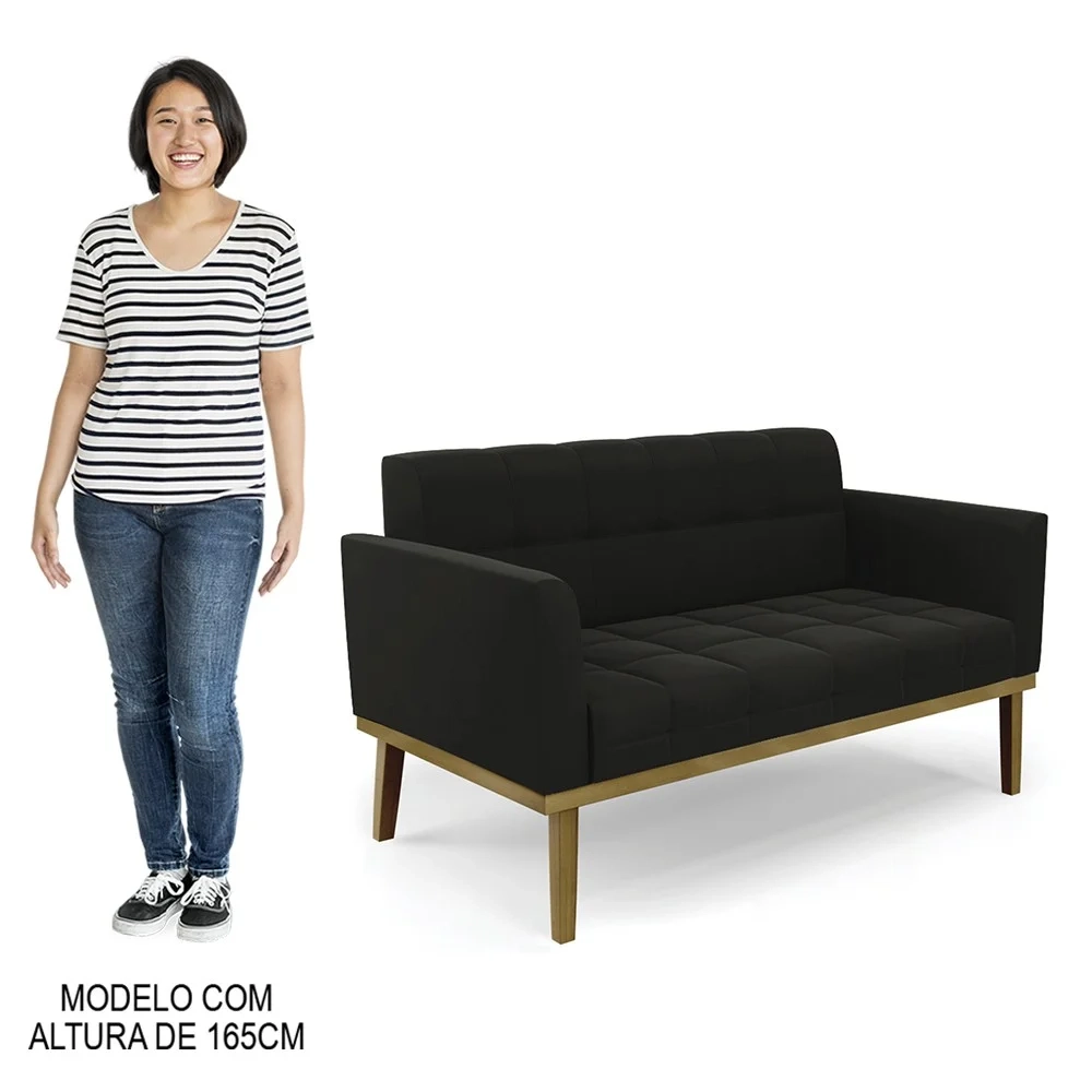 Sofá Namoradeira e 2 Poltronas Base Madeira Castanho Ana Suede Preto - Ibiza