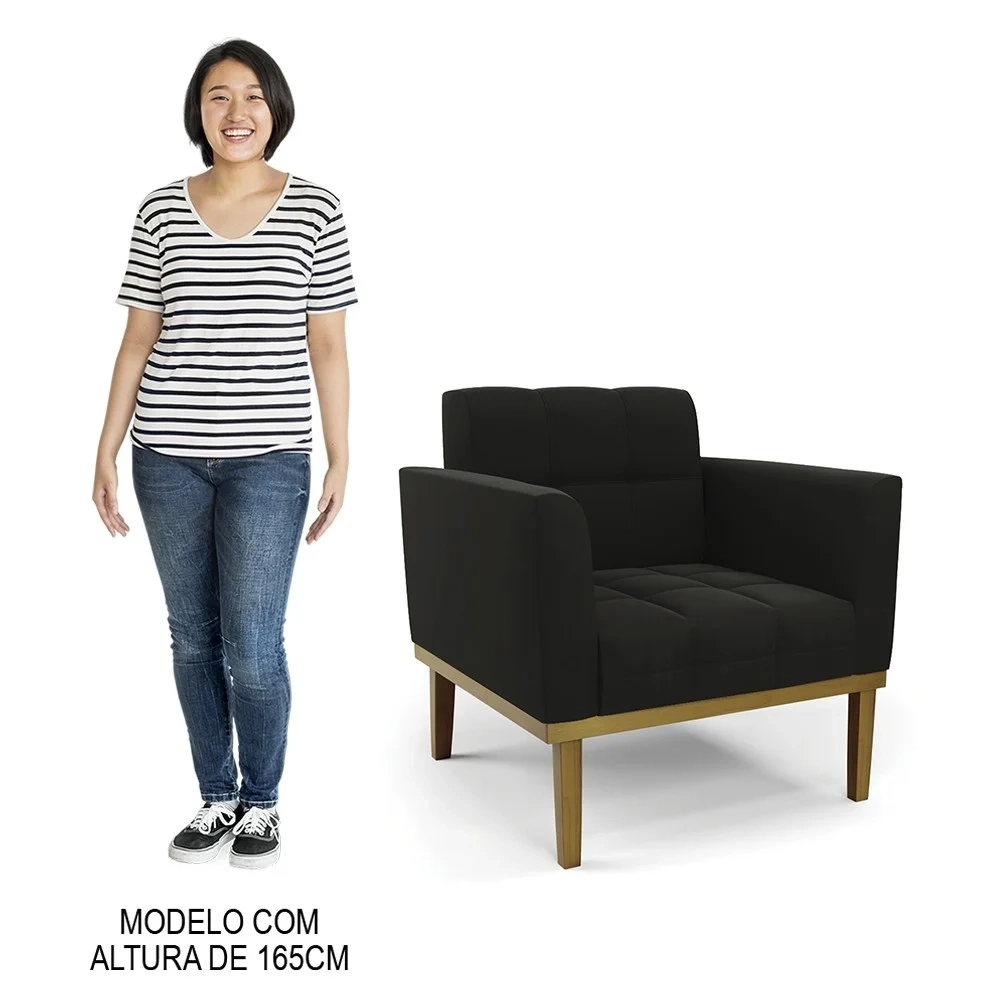 Sofá Namoradeira e 2 Poltronas Base Madeira Castanho Ana Suede Preto - Ibiza