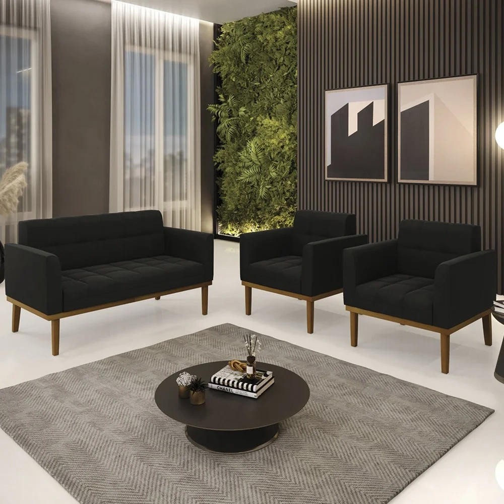 Sofá Namoradeira e 2 Poltronas Base Madeira Castanho Ana Suede Preto - Ibiza