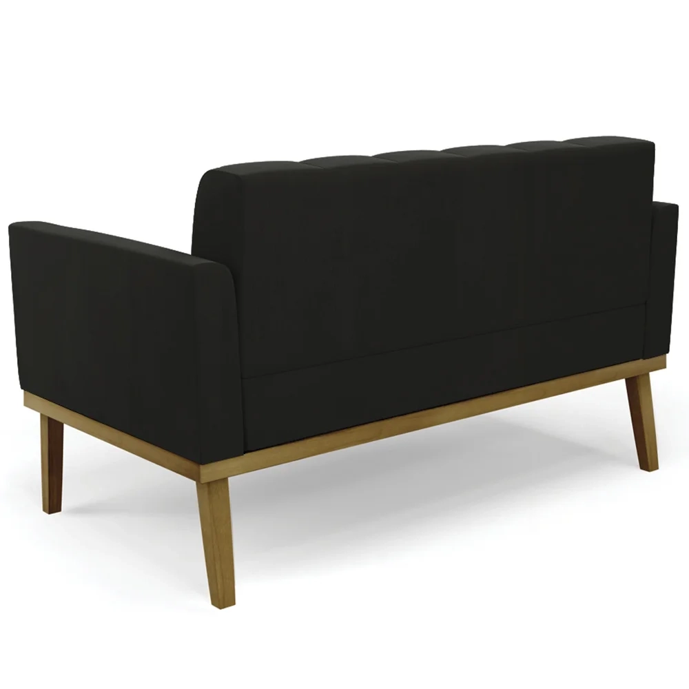 Sofá Namoradeira e 2 Poltronas Base Madeira Castanho Ana Suede Preto - Ibiza