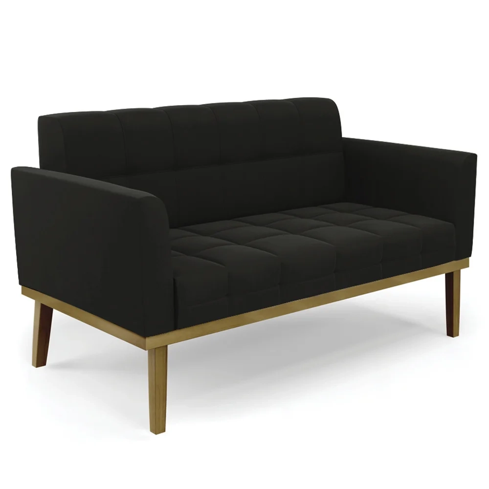 Sofá Namoradeira e 2 Poltronas Base Madeira Castanho Ana Suede Preto - Ibiza