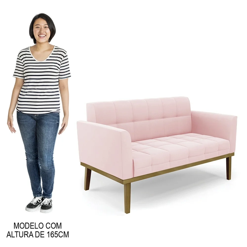 Sofá Namoradeira e 2 Poltronas Base Madeira Castanho Ana Suede Rosa Bebê - Ibiza