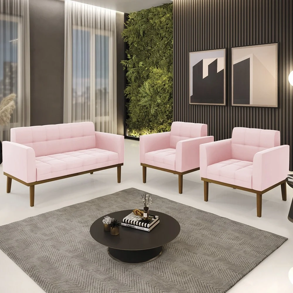 Sofá Namoradeira e 2 Poltronas Base Madeira Castanho Ana Suede Rosa Bebê - Ibiza