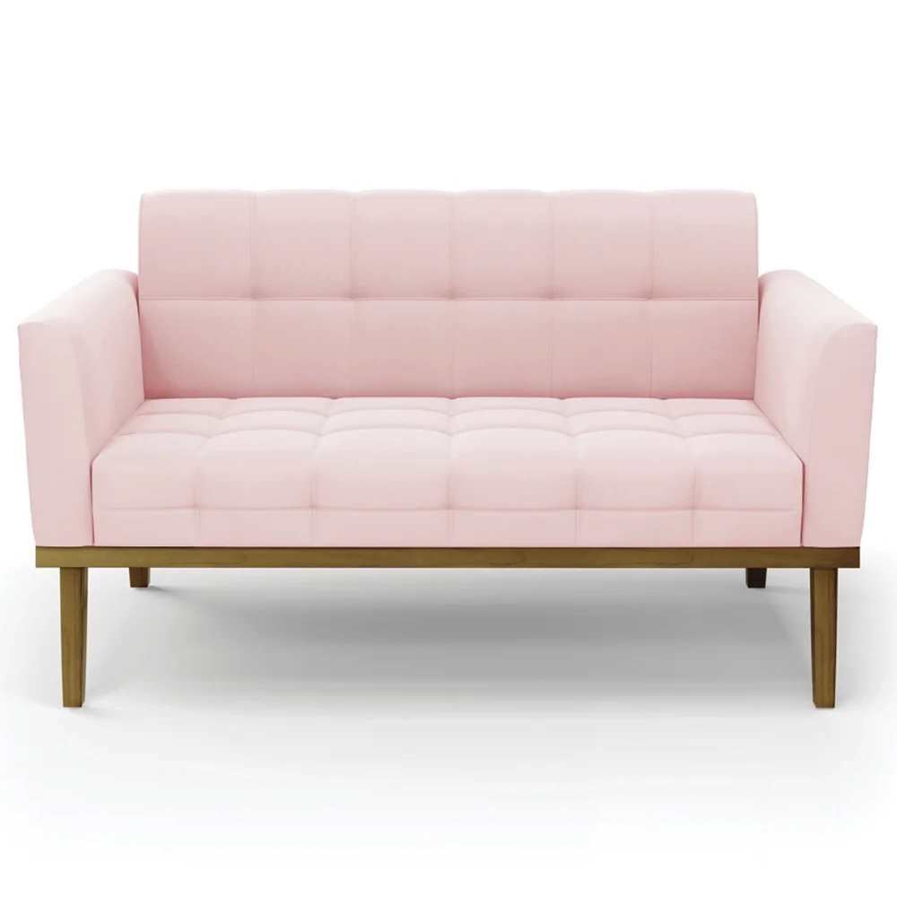 Sofá Namoradeira e 2 Poltronas Base Madeira Castanho Ana Suede Rosa Bebê - Ibiza