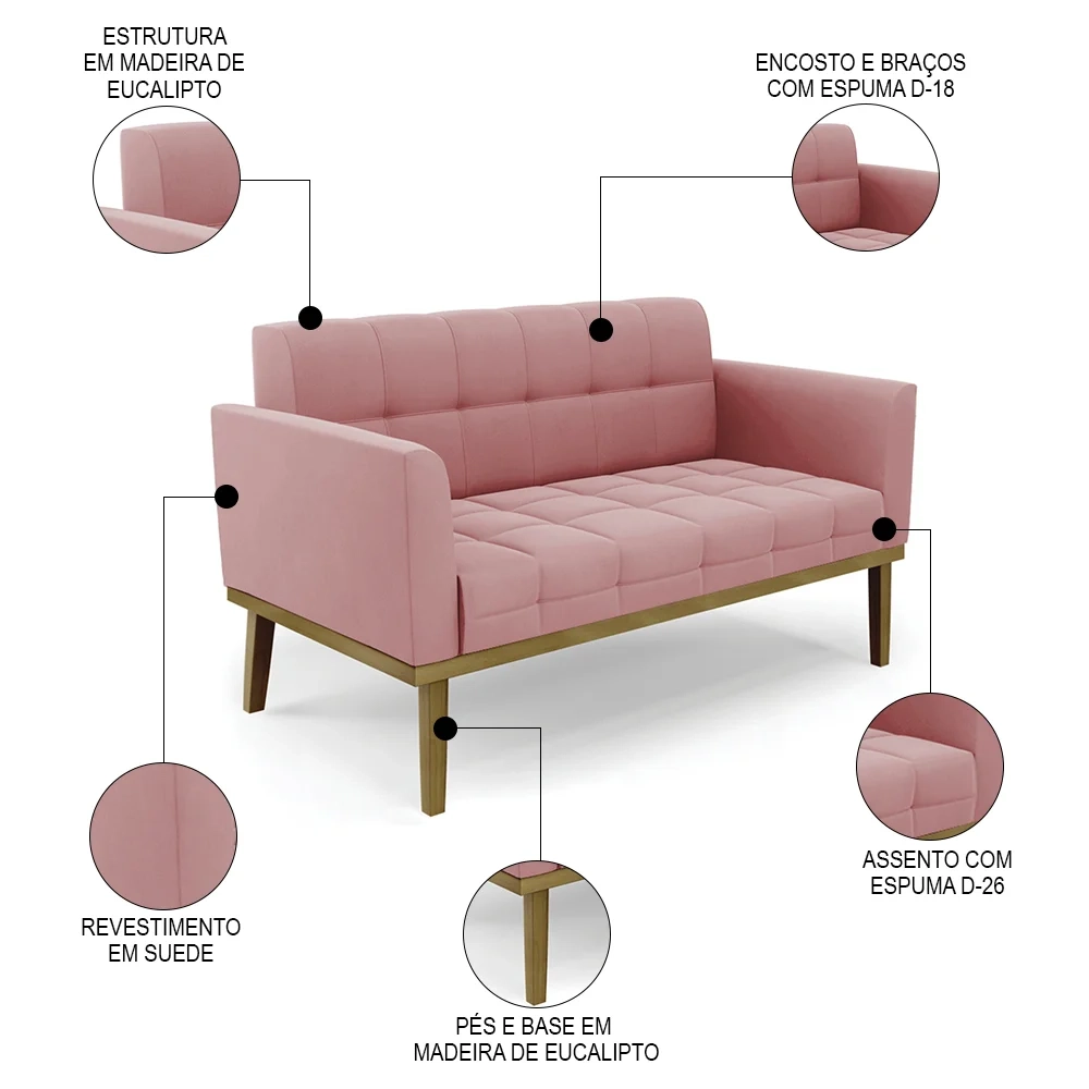 Sofá Namoradeira e 2 Poltronas Base Madeira Castanho Ana Suede Rosê - Ibiza