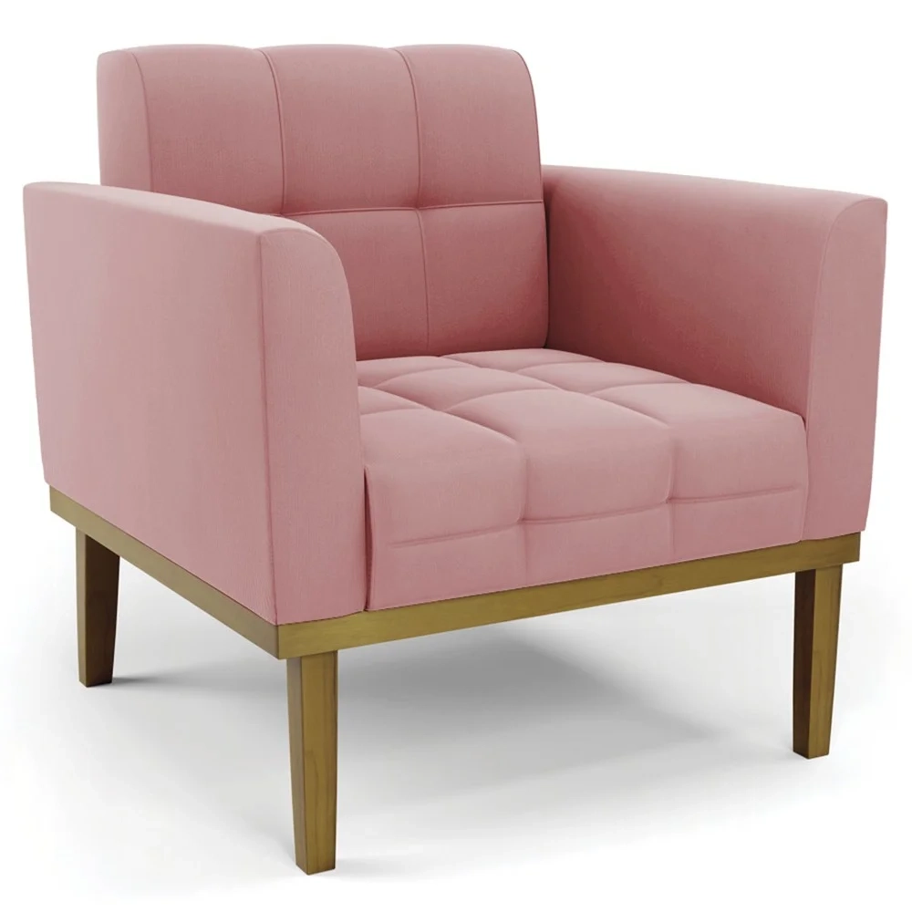 Sofá Namoradeira e 2 Poltronas Base Madeira Castanho Ana Suede Rosê - Ibiza