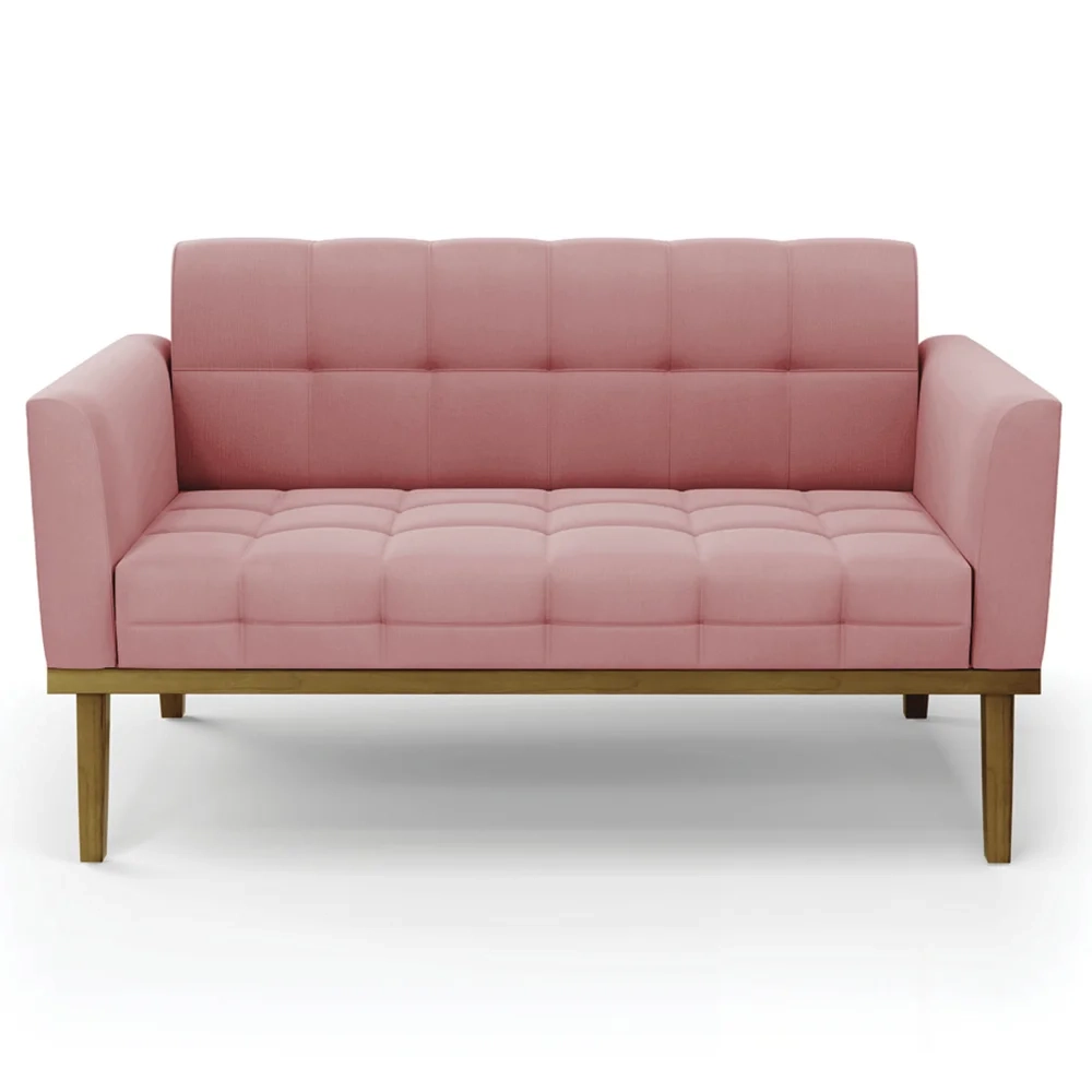 Sofá Namoradeira e 2 Poltronas Base Madeira Castanho Ana Suede Rosê - Ibiza