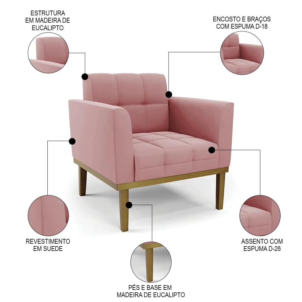 Sofá Namoradeira e 2 Poltronas Base Madeira Castanho Ana Suede Rosê - Ibiza