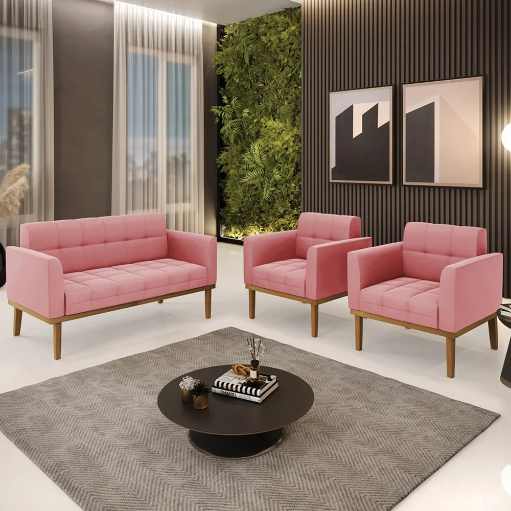 Sofá Namoradeira e 2 Poltronas Base Madeira Castanho Ana Suede Rosê - Ibiza