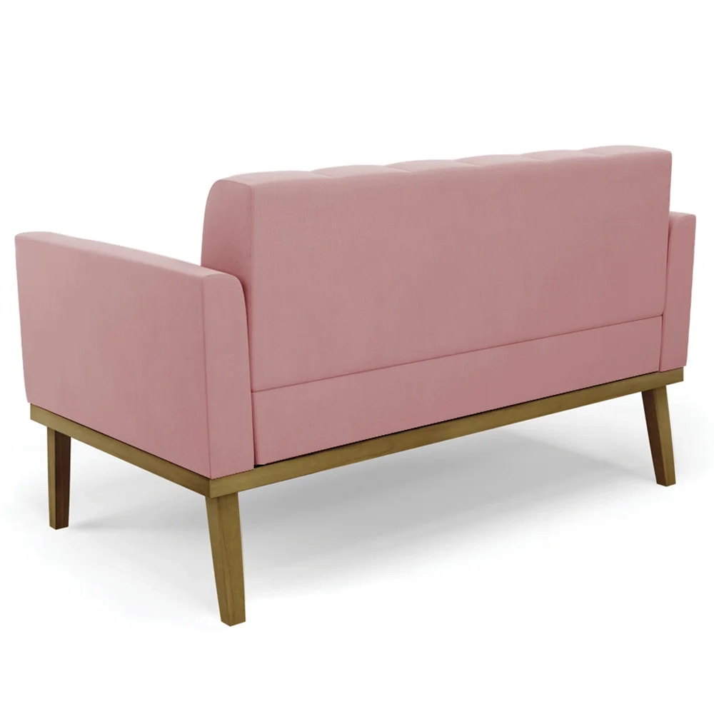 Sofá Namoradeira e 2 Poltronas Base Madeira Castanho Ana Suede Rosê - Ibiza