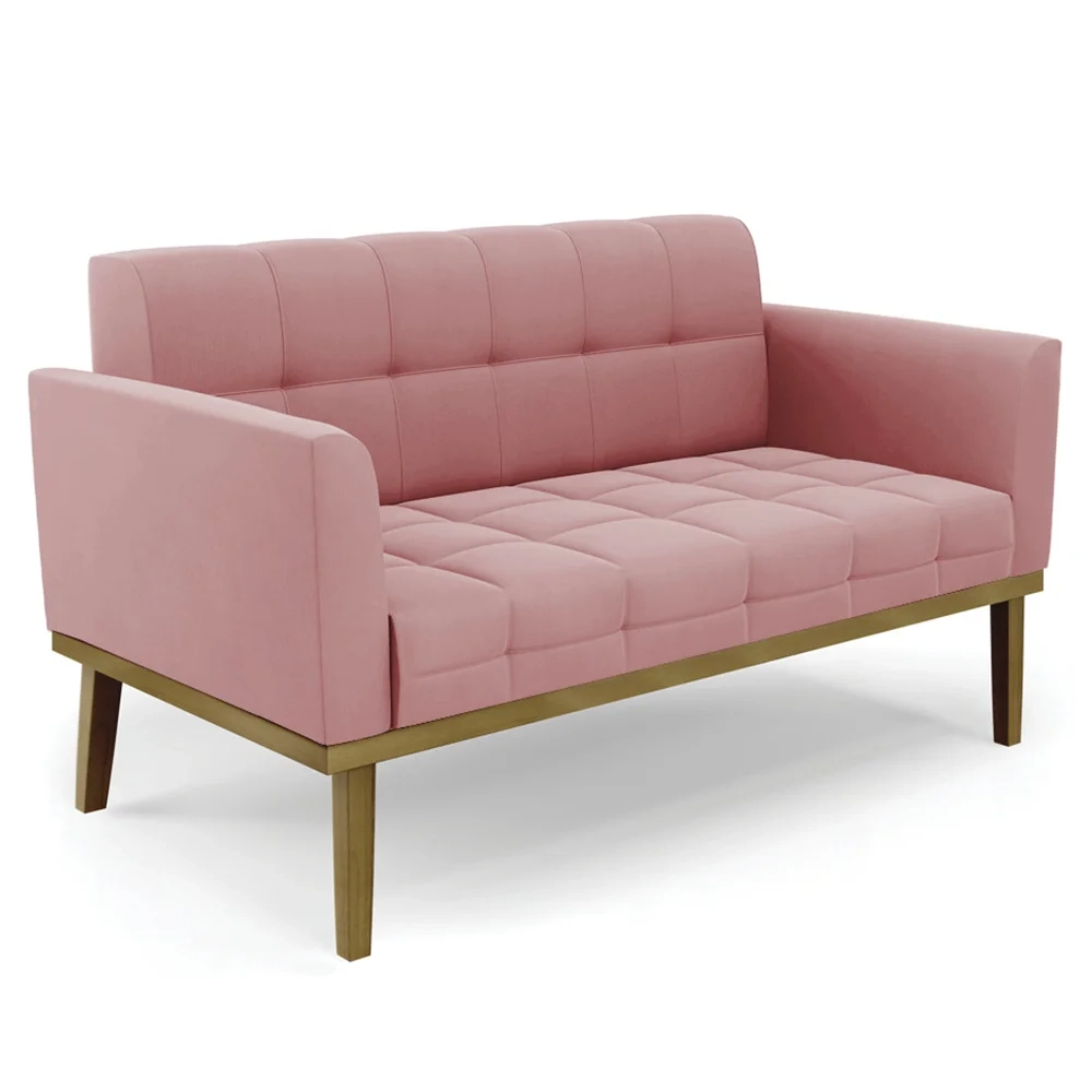 Sofá Namoradeira e 2 Poltronas Base Madeira Castanho Ana Suede Rosê - Ibiza