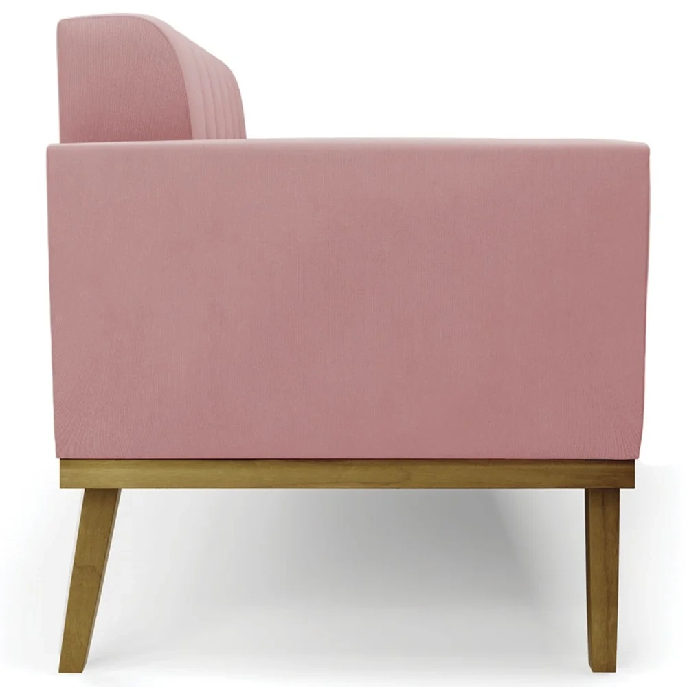 Sofá Namoradeira e 2 Poltronas Base Madeira Castanho Ana Suede Rosê - Ibiza