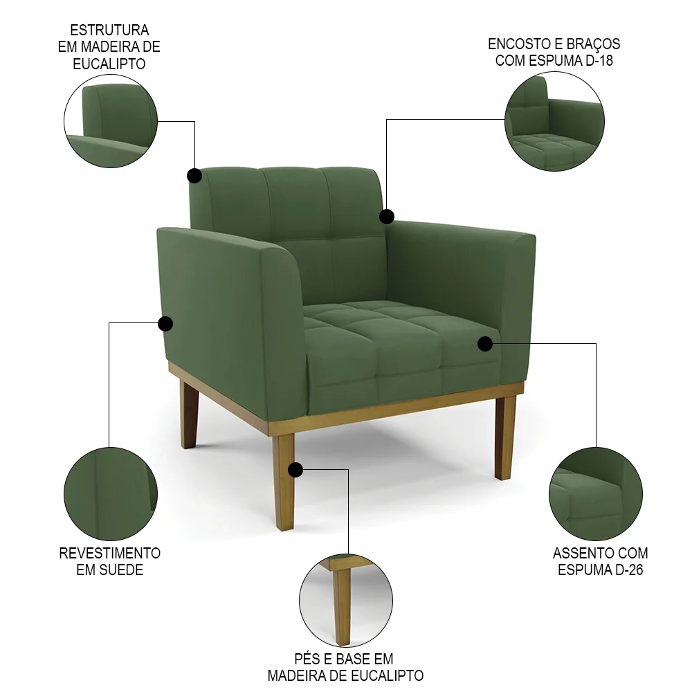 Sofá Namoradeira e 2 Poltronas Base Madeira Castanho Ana Suede Verde - Ibiza