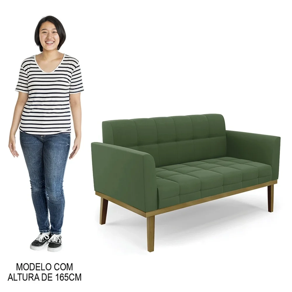Sofá Namoradeira e 2 Poltronas Base Madeira Castanho Ana Suede Verde - Ibiza