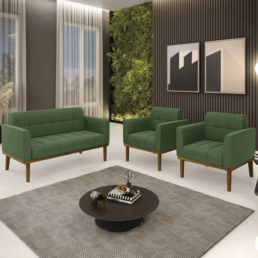 Sofá Namoradeira e 2 Poltronas Base Madeira Castanho Ana Suede Verde - Ibiza