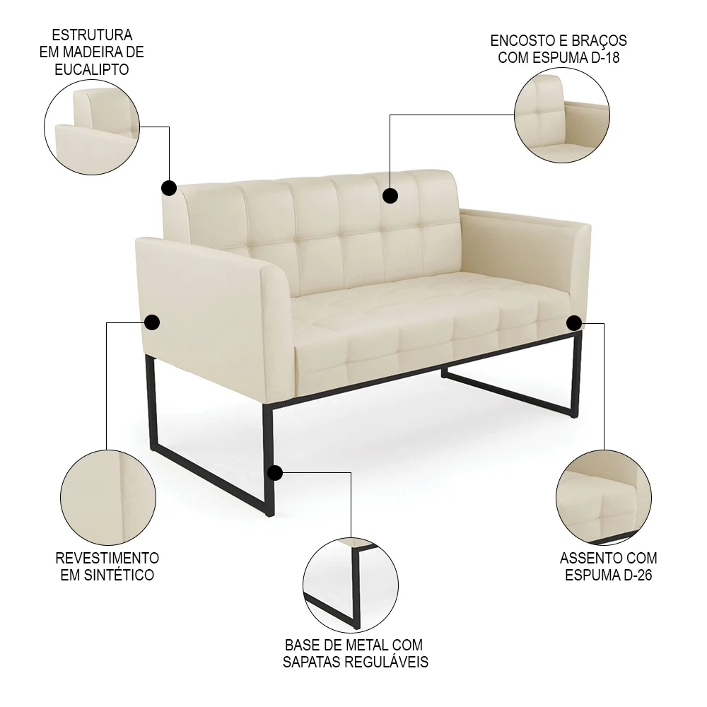 Sofá Namoradeira Base Industrial Preto Ana Sintético Bege - Ibiza