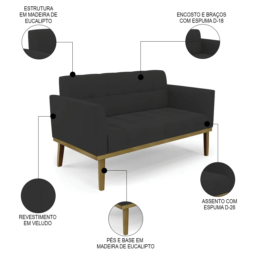 Sofá Namoradeira Base Madeira Castanho Ana Veludo Preto - Ibiza