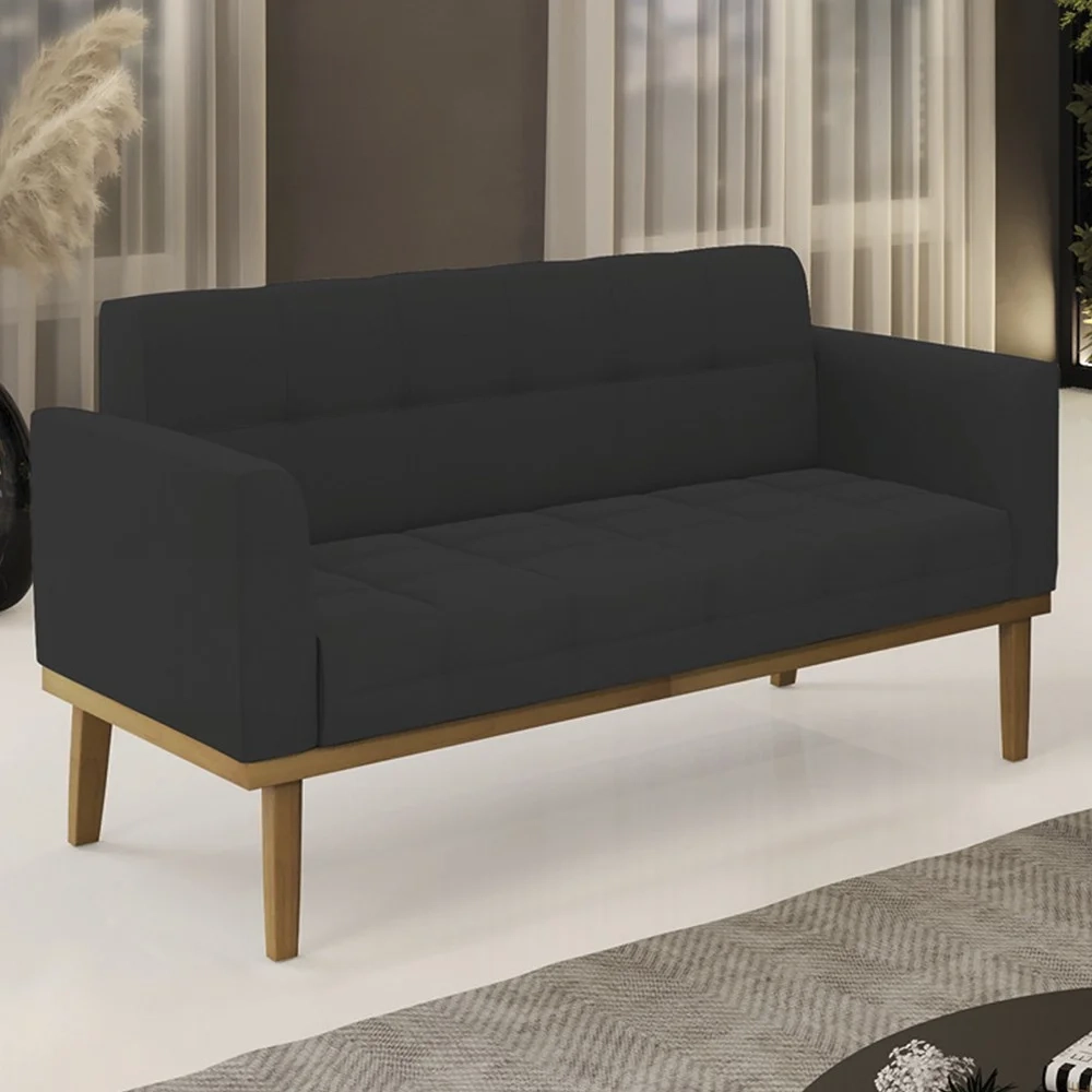 Sofá Namoradeira Base Madeira Castanho Ana Veludo Preto - Ibiza