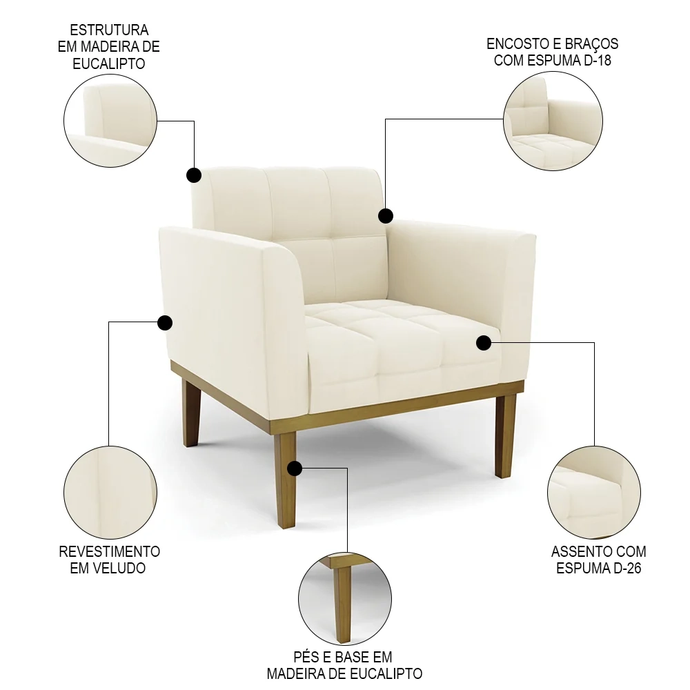 Sofá Namoradeira e 2 Poltronas Base Madeira Castanho Ana Veludo Bege - Ibiza