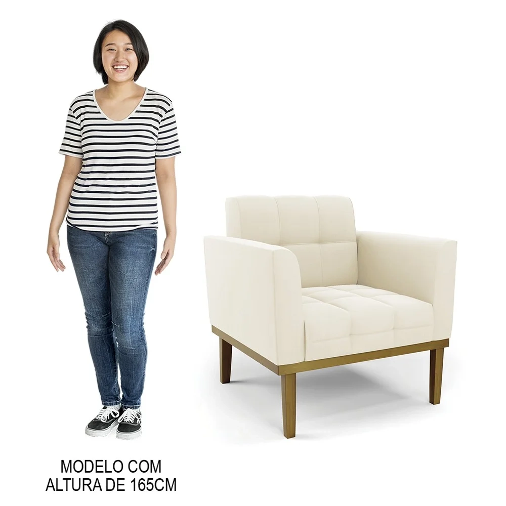 Sofá Namoradeira e 2 Poltronas Base Madeira Castanho Ana Veludo Bege - Ibiza